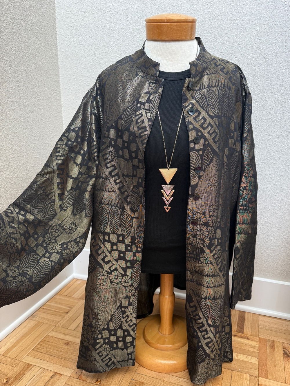 Chico's Vintage Metallic Jacquard Silk-Blend Button-Down Duster Jacket Size 3